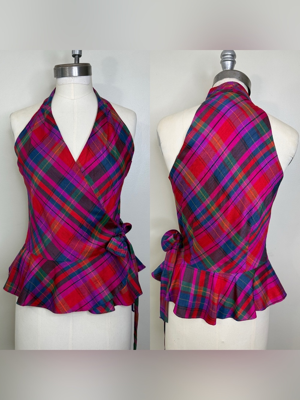 100% SILK LAUREN RALPH LAUREN PLAID SILK WRAP PEPLUM TOP PINK & BLUE SIZE 6 LIKE